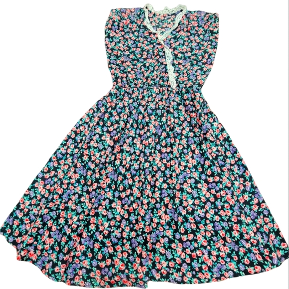 Dresses & Skirts - Handmade Vintage Floral Black Sleeveless Dress With Lace - Size XL